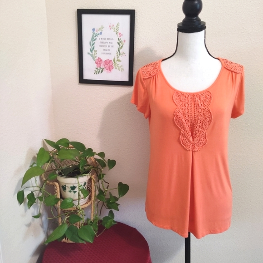 Melissa Paige Womens Small Coral Orange Crochet Detail Short Sleeve Top